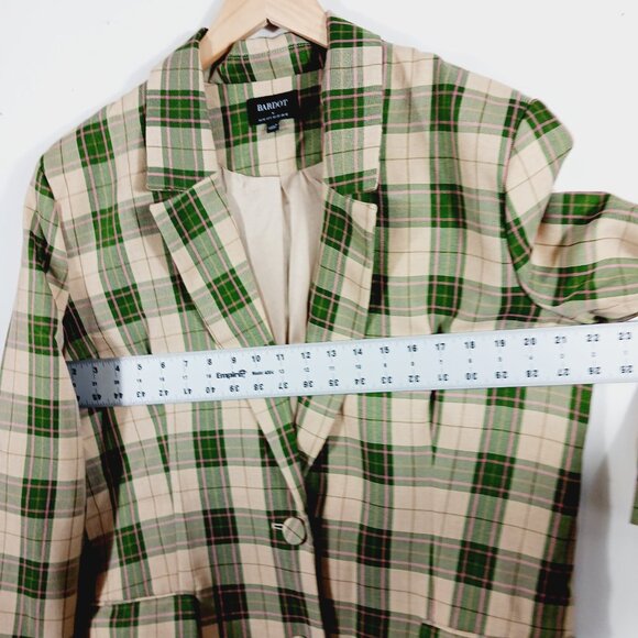 Bardot, Plaid Long Blazer Jacket Green & Soft Gold, Pink Highlight Medium Preppy - Picture 11 of 15
